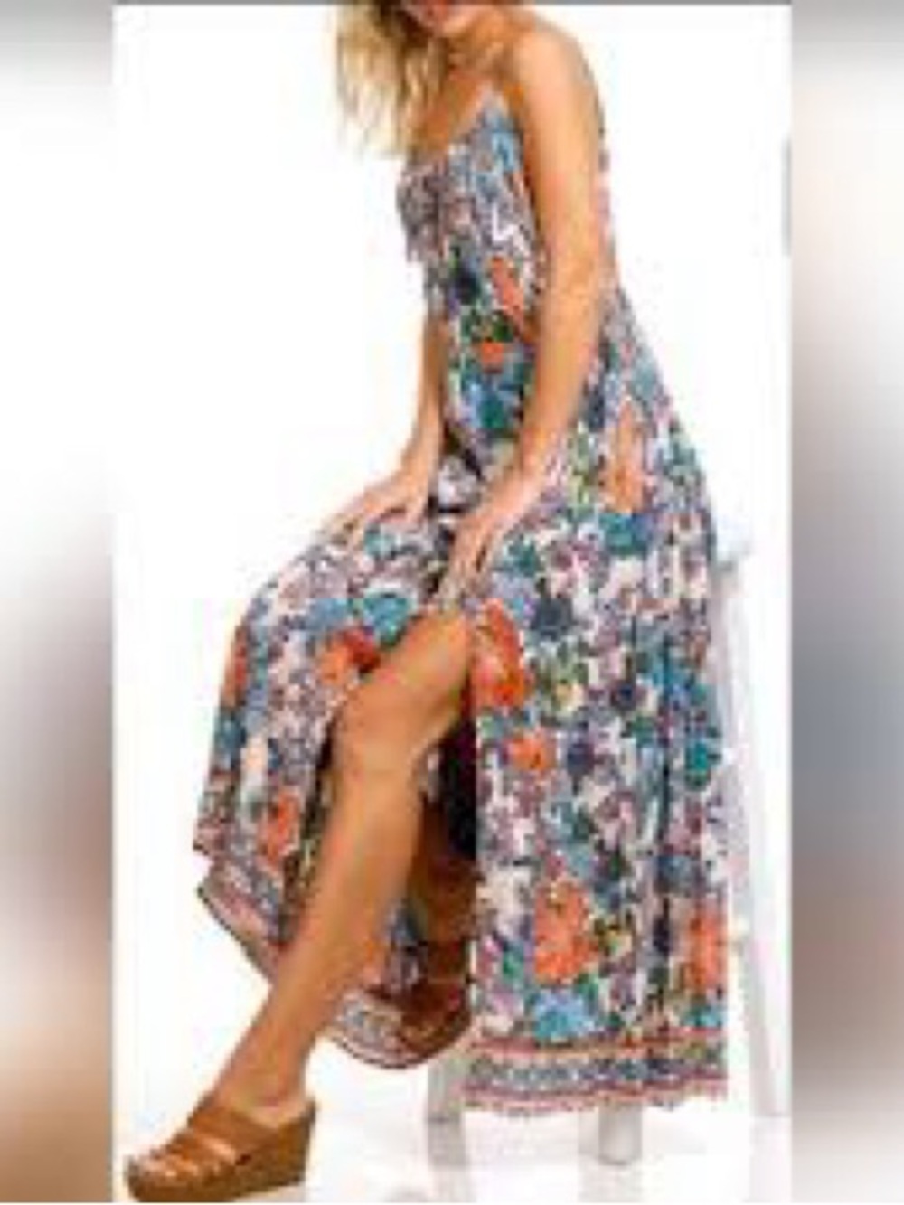 Angie Floral Spaghetti-Strap Maxi Dress in Blue, Orange, Green